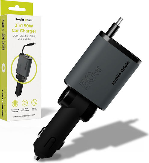 Mobile Origin CA27 Φορτιστής Αυτοκινήτου 50W 3A Γρήγορης Φόρτισης με Θύρες: 1xUSB 1xType-C μαζί με Καλώδιο Type-C / Ενσωματωμένο Γκρι Χρώμα
