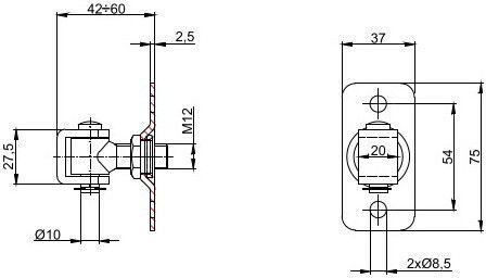 Adjustable Hinge Mounting Plate Swing Gates 75x37 Mm M12 Thread Adjustable 42-60 Mm Steel