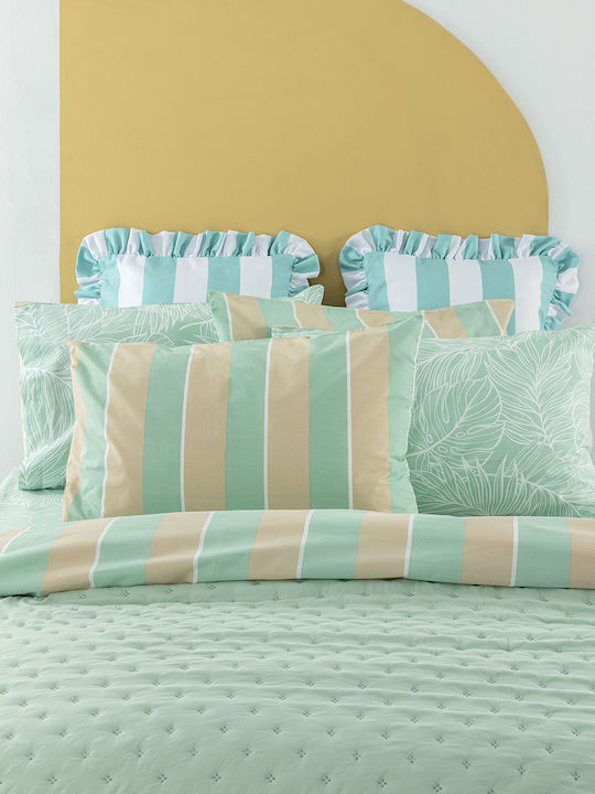 Palamaiki Palamaiki Bed Sheet Set with 2 Pillowcases Super King Size with Rubber Hugger 110x200+32cm Green-Beige (3 Pieces)