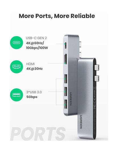 Ugreen CM251 Docking Station with Dual USB-C HDMI 4K PD and Connection for 2 Monitors Silver
