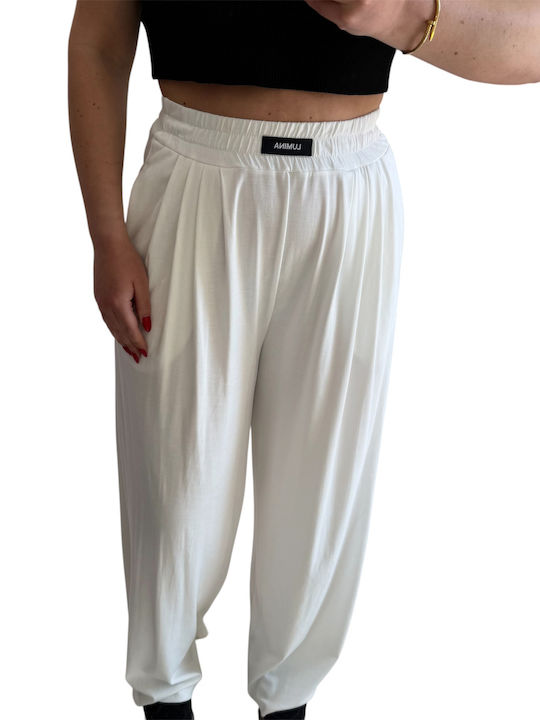 Women's Fabric Trousers with Rubber Band in Regular Fit White