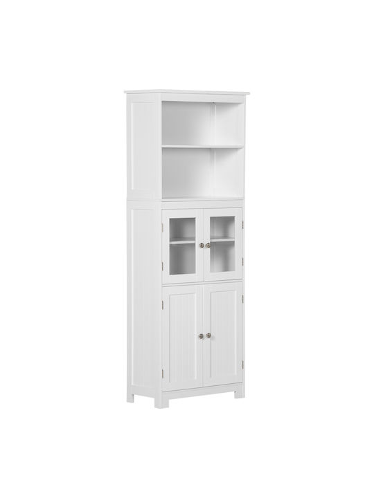 Homcom шкаф с 2 отворени рафта, 2 врати, MDF, стъкло, 60x30x162 см, бял