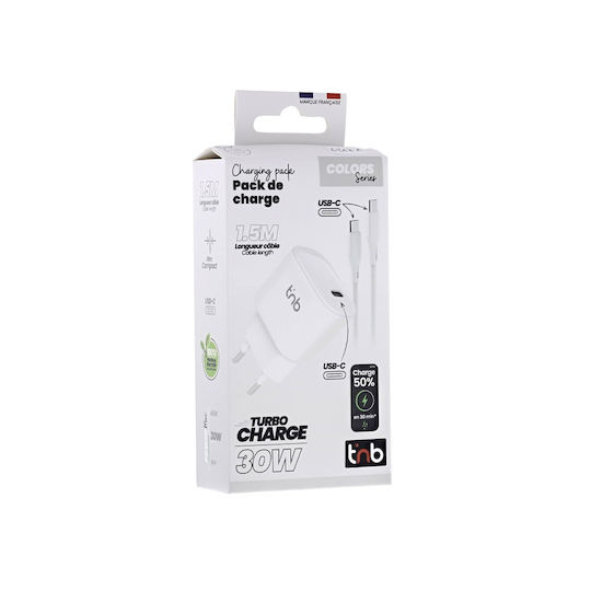 T'nB GaN Charger With USB-C Port And USB-C - USB-C Cable 30W Power Delivery White
