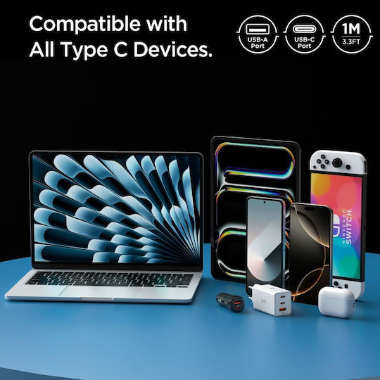 Spigen USB 2.0 Cable USB-C male - USB-A 60W PD Λευκό 1m ACA08715
