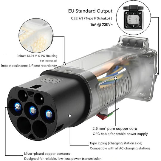 Adaptor Ev Tip 2 La Schuko Iec 62196 La Priză 230v 16a 3.68 Kw Ip44 Stații Încărcare Ev Wallbox Biciclete Electrice Trotinete