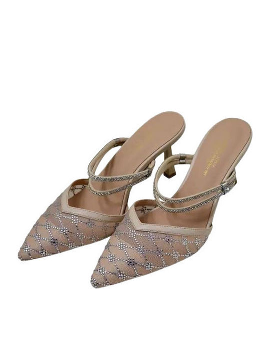 Leather Mules With Low Heel In Beige Colour