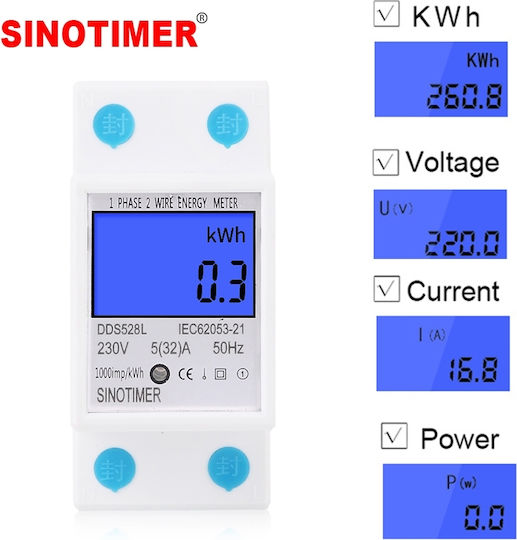 Contor Monofazat de Energie Electrică Sinotimer 230v Ac 50hz 5 32 A Afișaj Digital cu Led Iluminat Dds528l