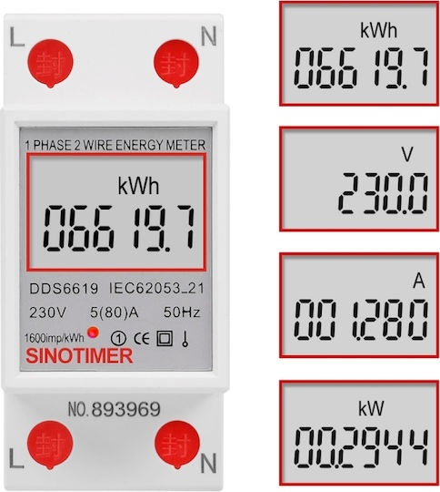 Contor Monofazat de Energie Electrică Sinotimer 230v Ac 50hz 5 80 A Afișaj Digital Led Dds6619-007