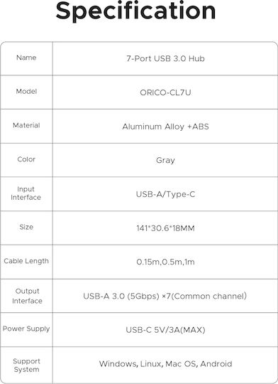 Orico Хъб 7 Порта USB 3.0 с USB-C Връзка