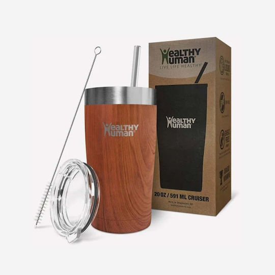 Healthy Human Recyclable Thermos Cup Stainless Steel / Plastic BPA Free 591ml Natural Wood with Straw