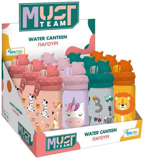 Must Team Plastic Kids Water Bottle Unicorns with Straw Dogs 430ml