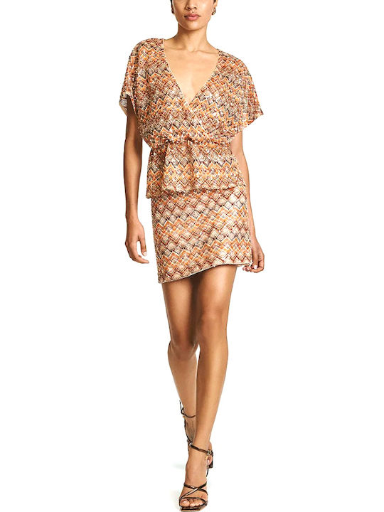 Women's Short Sleeve Blouse with V-Neckline Beige-Orange