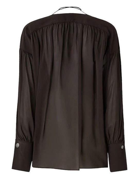 Women's Cotton Long Sleeve Blouse with V-Neck Brown