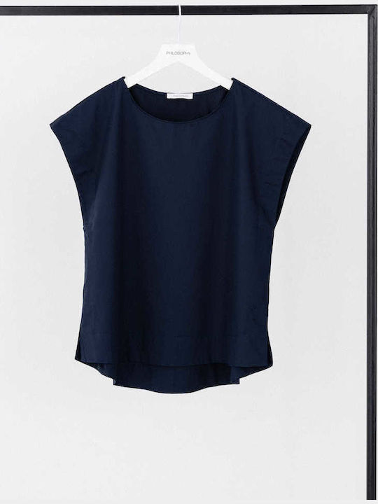 Women's Crop Cotton Short Sleeve Blue Top