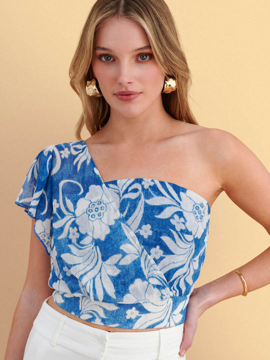 Γυναικείο Crop Top με έναν Ώμο Floral Μπλε