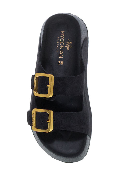 Myconian Women's Flat Sandals Flatforms Black Suede