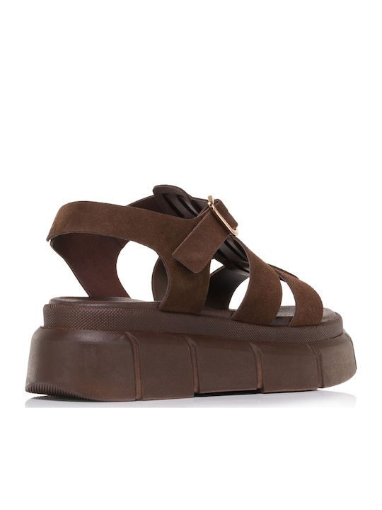 Δερμάτινα Γυναικεία Σανδάλια Flatforms Καφέ