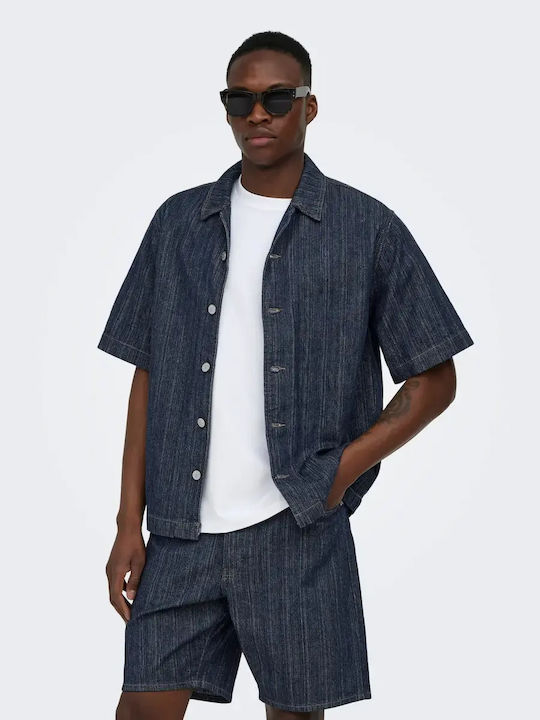Kurzärmeliges Denim Herrenhemd Navy