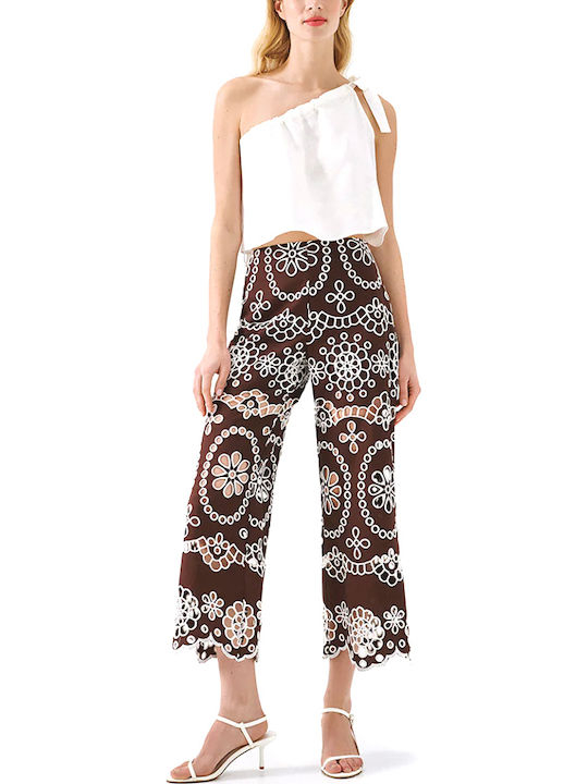 Women's High Rise Fabric Capri Trousers in Straight Leg Floral Brown-White