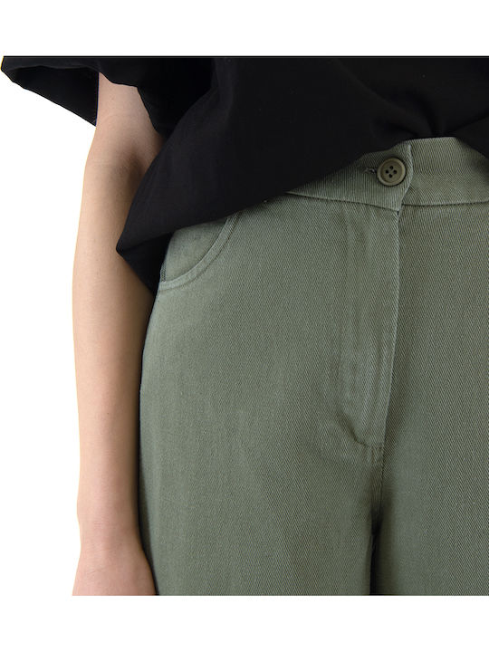 Damen Hochgeschnittene Baumwollhose in Breit Bein Stil Khaki
