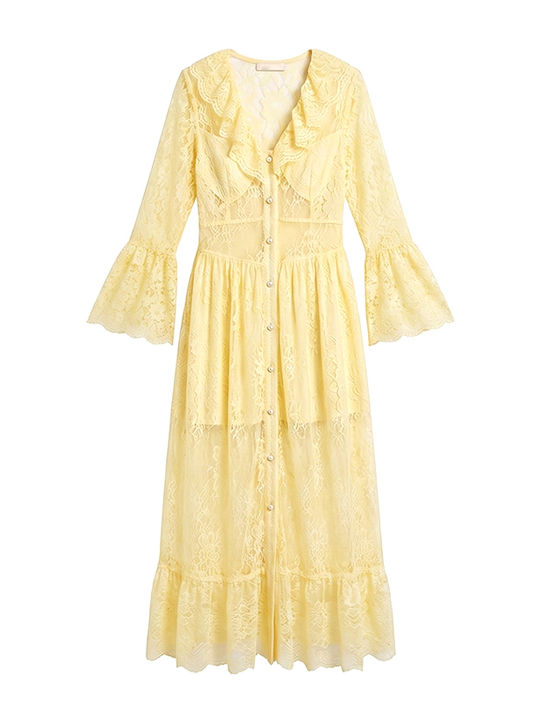 Dress Women Maxi Wedding Christening with Lace Yellow