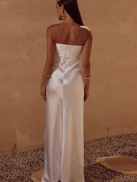 Summer Maxi Evening Strapless Satin White Dress