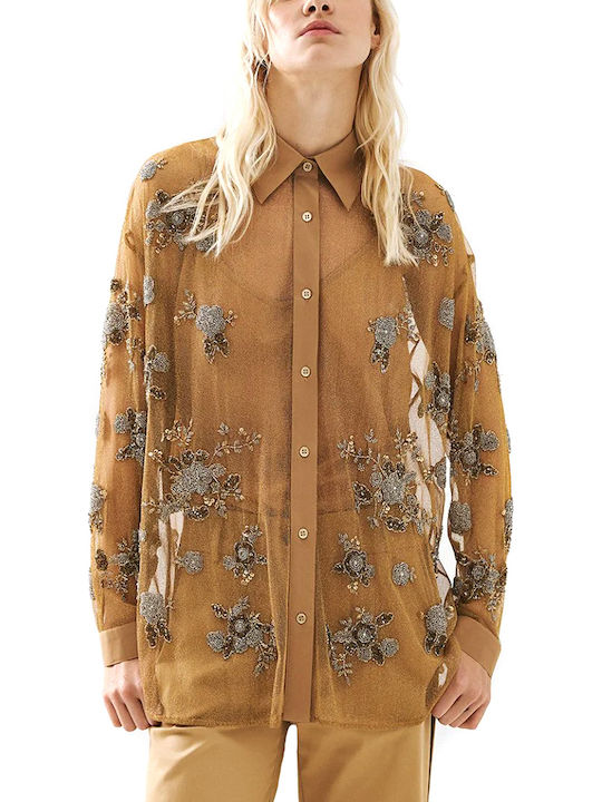 Long Sleeve Women's Shirt Gold Floral