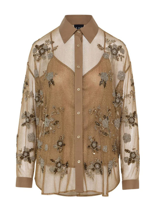 Long Sleeve Women's Shirt Gold Floral