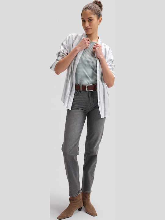 Long Sleeve Women's Linen Shirt White Striped