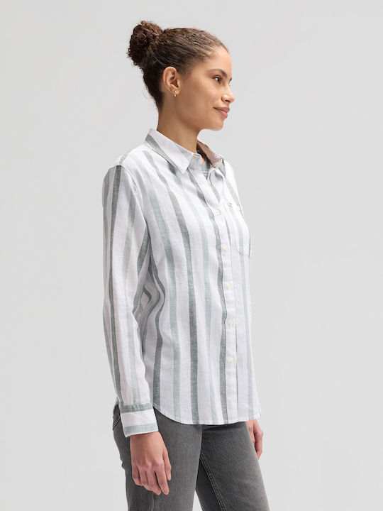 Long Sleeve Women's Linen Shirt White Striped