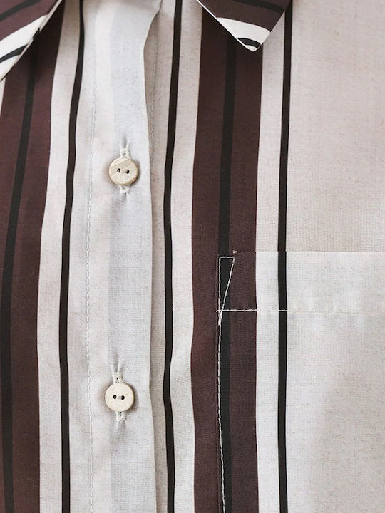 Short Sleeve Women's Shirt Brown-Beige Striped