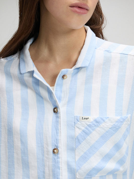 Short Sleeve Women's Linen Shirt Light Blue Striped