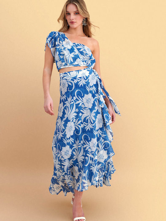 Denim Maxi Skirt Floral Blue