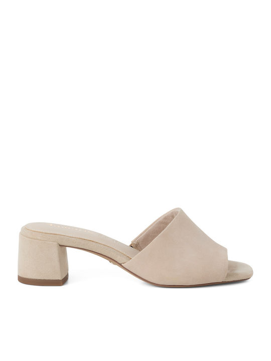 Leather Mules with Low Heel in Pink Colour