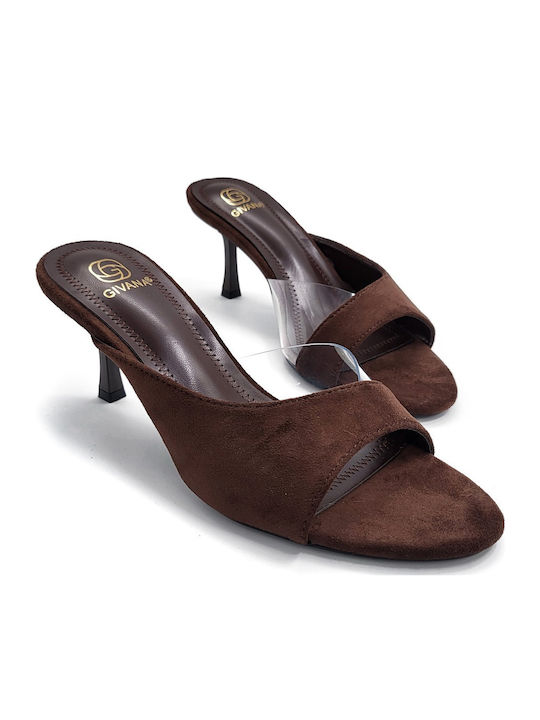 Suede Mules με Λεπτό Ψηλό Τακούνι σε Καφέ Χρώμα