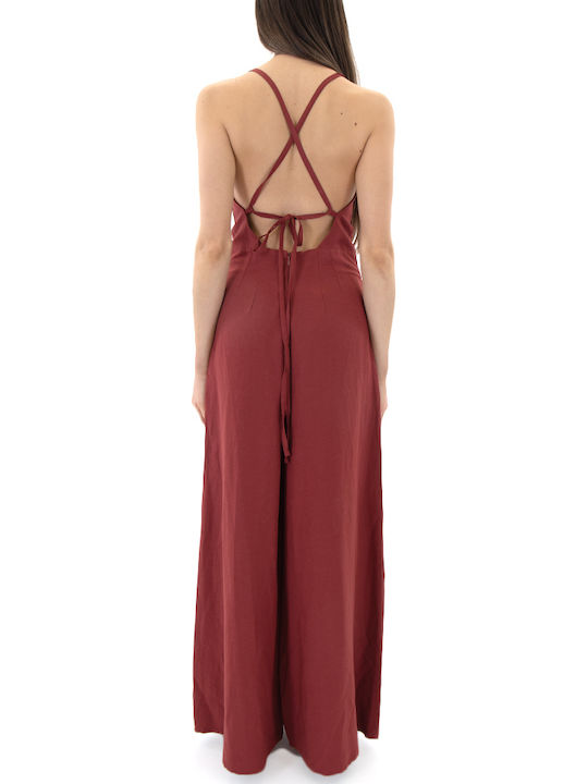 Moutaki Women's Linen Off-Shoulder One-Piece Jumpsuit Red