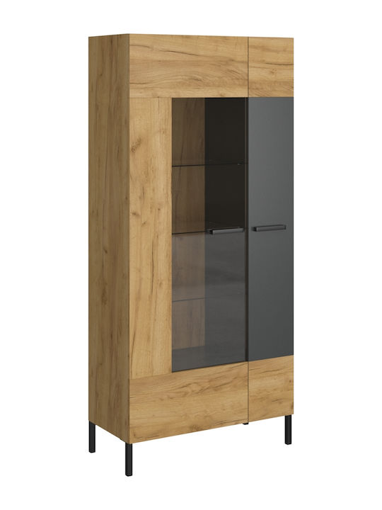 Santes Wohnzimmer Vitrine aus Spanplatte mit Verglasung Gold Eiche / Graphit 90x42x197.5cm