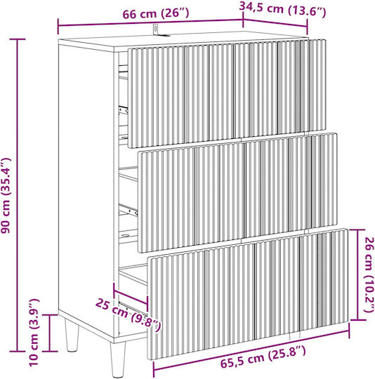 vidaXL Kommode Schlafzimmer Holz mit 3 Schubladen Schwarz 66x34.5x90cm