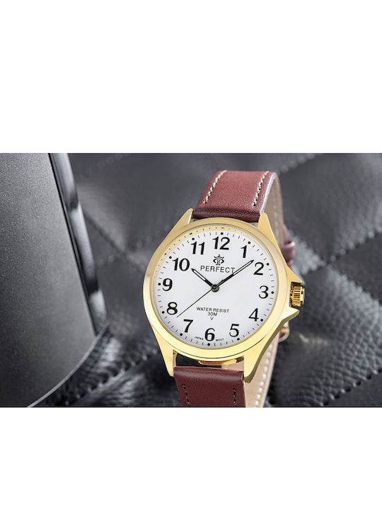 Perfect Men's Battery Watch with Burgundy Leather Strap