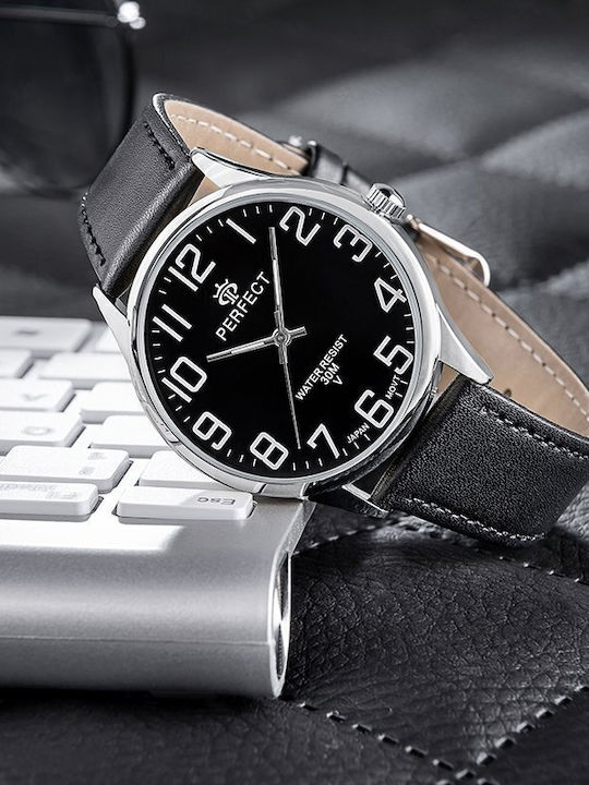 Perfect Men's Battery Watch with Black Leather Strap