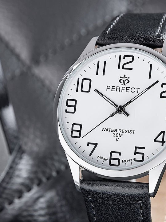 Perfect Men's Battery Watch with Black Leather Strap