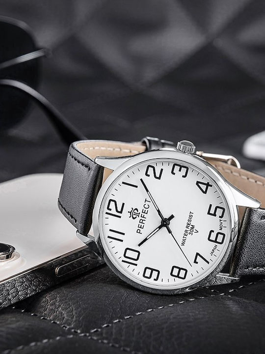 Perfect Men's Battery Watch with Black Leather Strap