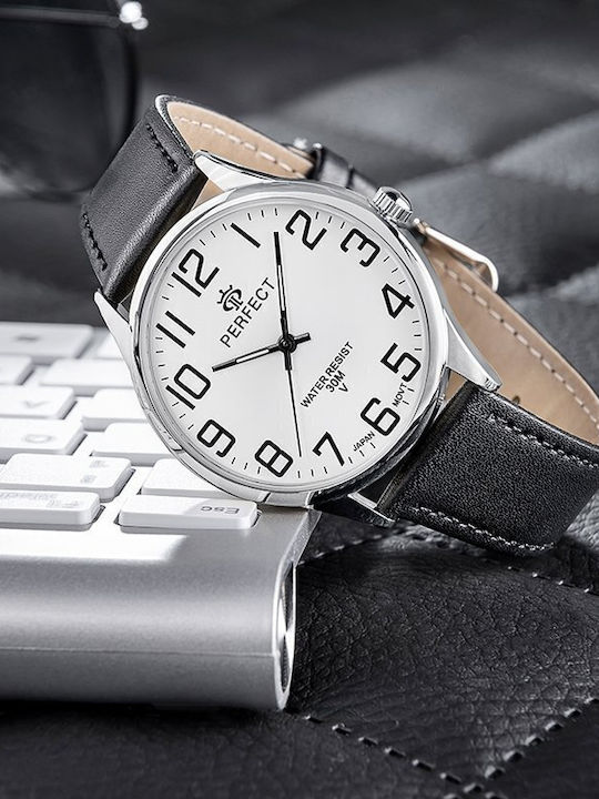 Perfect Men's Battery Watch with Black Leather Strap