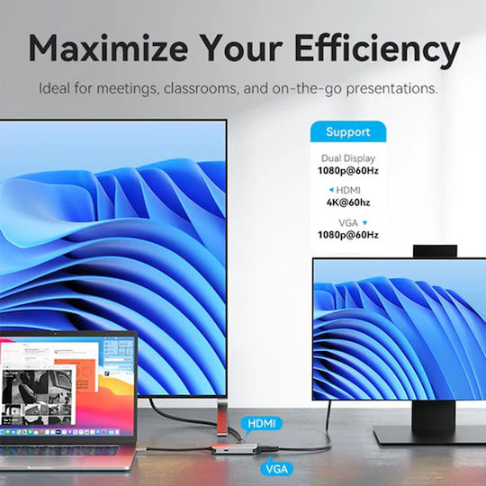 Vention TQAHB USB-C Докинг станция с HDMI 4K PD Етърнет и свързване 2 монитора Сив