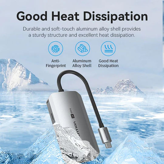 Vention TQAHB USB-C Докинг станция с HDMI 4K PD Етърнет и свързване 2 монитора Сив