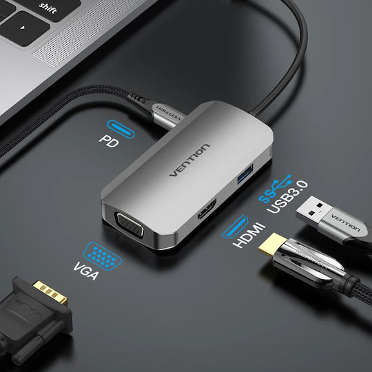 Vention USB-C Docking Station με HDMI 4K PD και σύνδεση 2 Οθονών Γκρι (TOAHB)