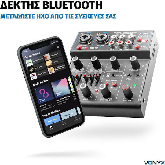 Vonyx VMM401 Analoger Mischpult 4.0 Kanäle mit Phantom Power & 2 XLR-Eingänge & Bluetooth