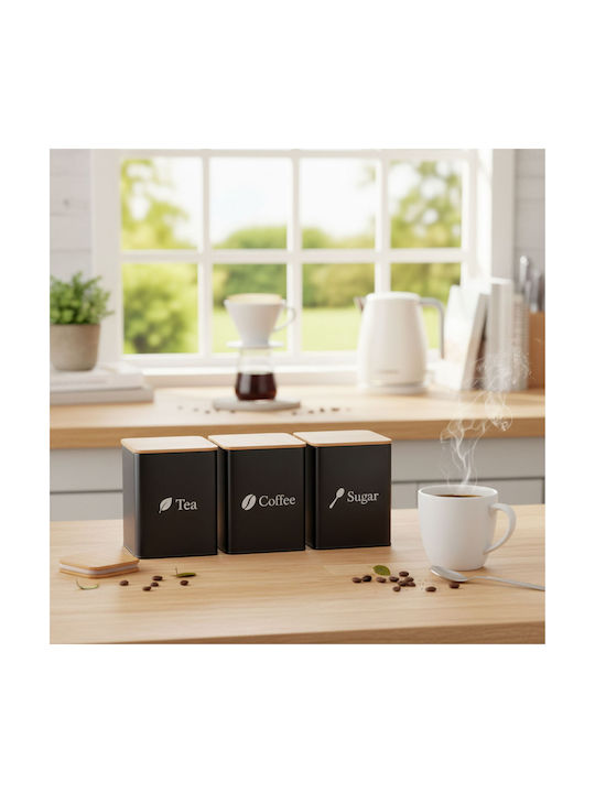 Relaxdays Set 3 Bucăți Vaze pentru Cafea / Zahăr / Ceai cu Capac Lemn Maro 1500ml 3 Bucăți