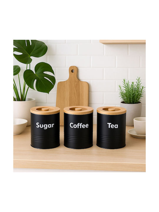 Relaxdays Set 3 Bucăți Vaze pentru Cafea / Ceai / Zahăr cu Capac Lemn Negru 1000ml 3 Bucăți