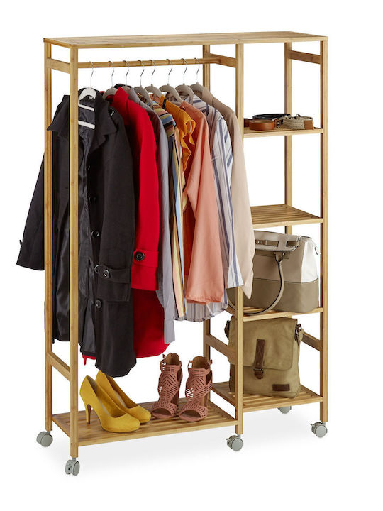 Relaxdays Rolling Floor Garment Rack Bamboo Brown 136.5x92cm